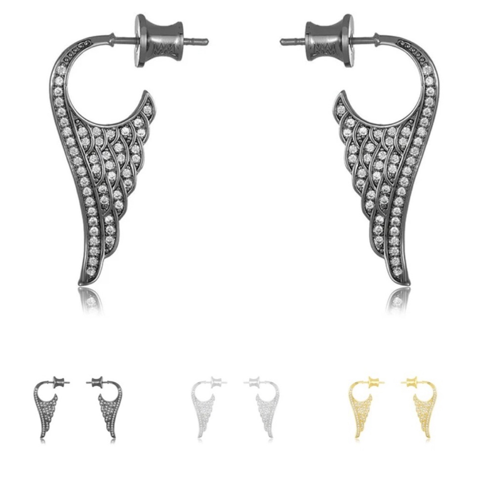 Melinda Maria Gunmetal Wing Hoop Earrings with Crystal Accents - Picture 2 of 7